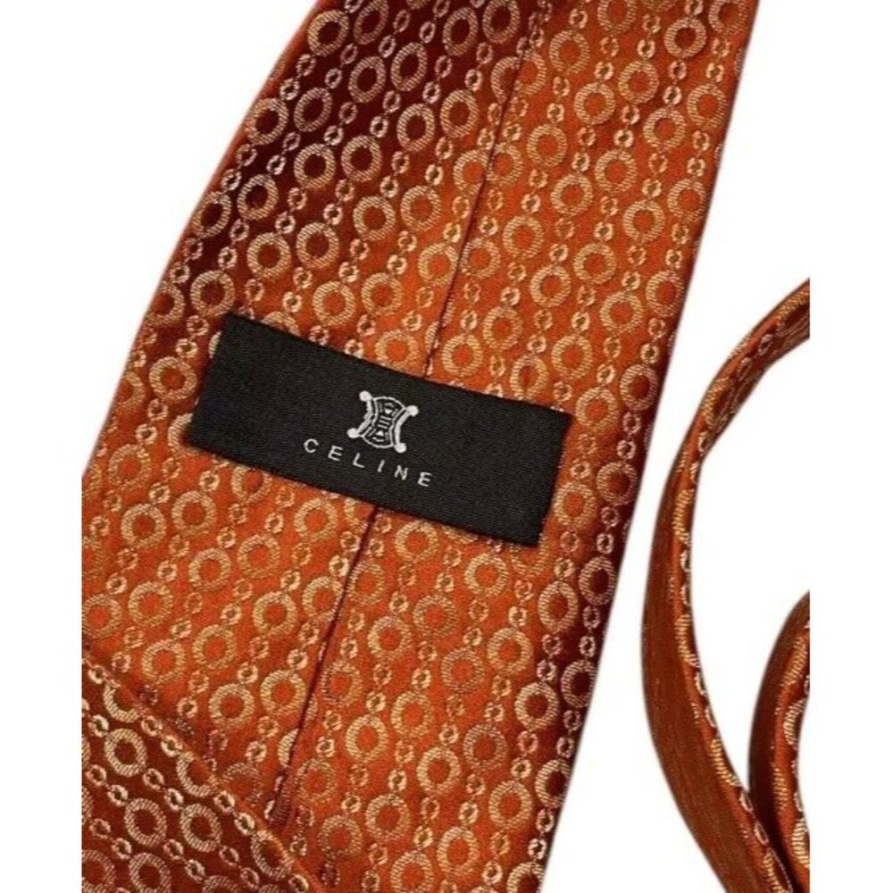 CELINE Men's 100% Silk Necktie LUXURY Tie Orange Gold Chain  Logo W:3.7" EUC - Picture 2 of 4